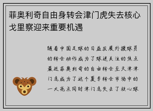 菲奥利奇自由身转会津门虎失去核心戈里察迎来重要机遇